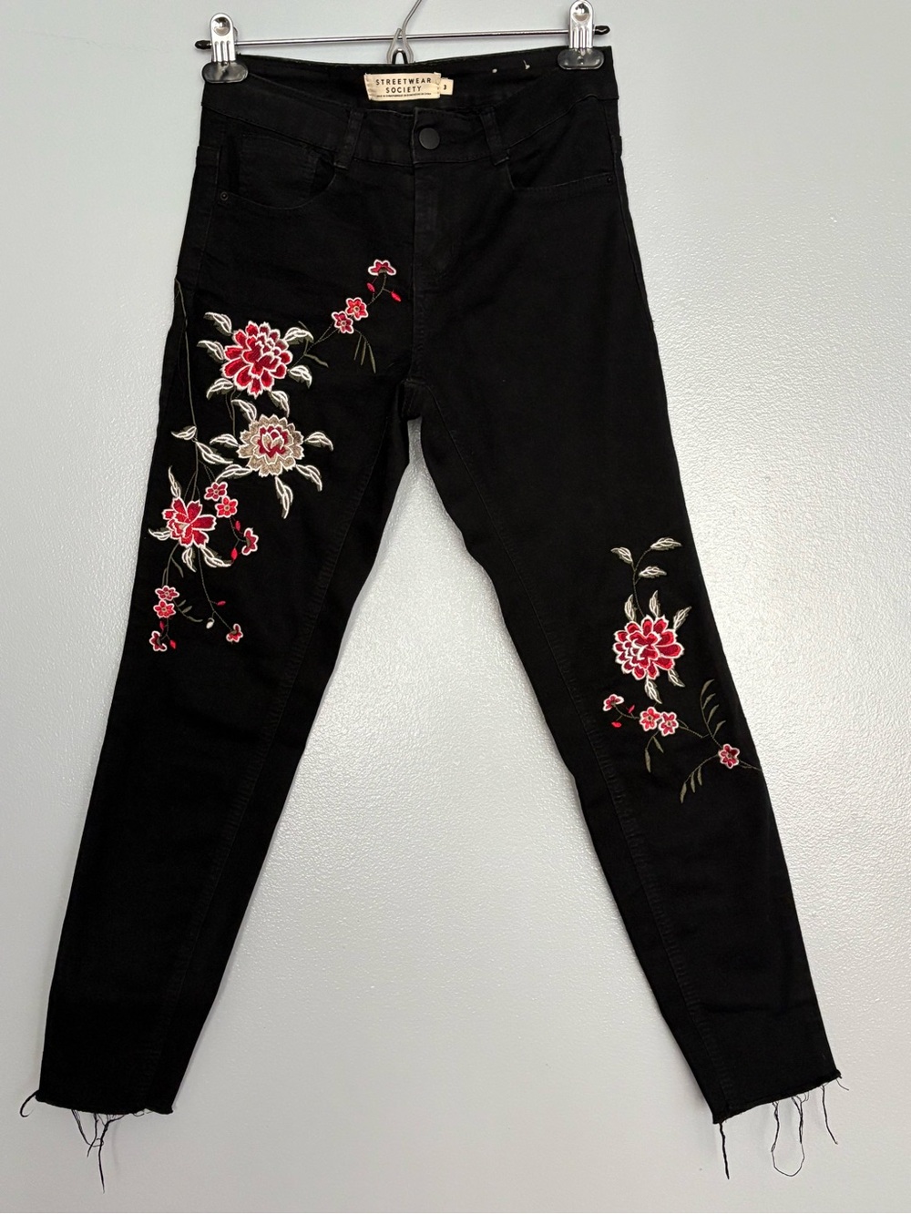 Streetwear Society Black Jeans with Red & Cream Floral Embroidery